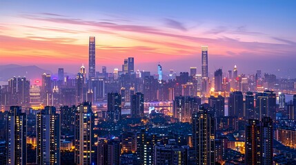 Fototapeta premium Eco-Friendly Cityscape at Dusk with Renewable Energy-Powered Buildings and Illuminated Skyline