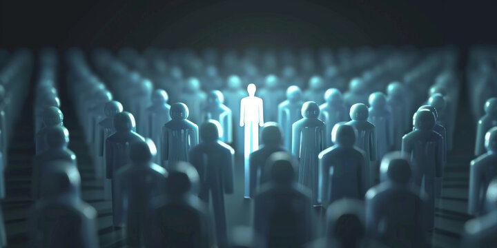 A person stands out from the crowd, surrounded by silhouettes of other people. Competition among staff concept.Hiring by competition among candidates.