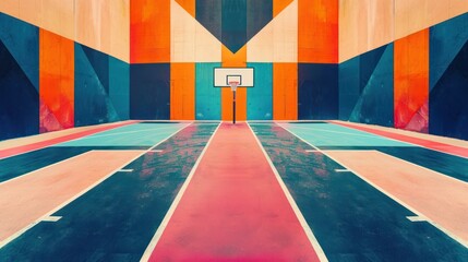 A retro-style photograph of a basketball court with vibrant colors and bold geometric patterns. 