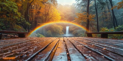 Naklejka premium wooden nature platform podium product presentation , rainbow, sky background