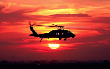 A silhouette of a helicopter flying against the vibrant hues of a sunset sky, emanating a sense of freedom and adventure.