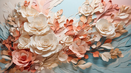 the painting is in delicate pastel colors with voluminous flowers