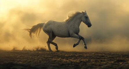   A white horse gallops through a field, kicking up dust Its rear legs are lifted high