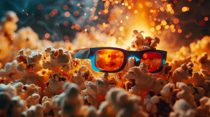 Cinema tickets and 3D glasses amidst popcorn explosion - obrazy, fototapety, plakaty