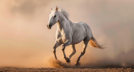  A white horse gallops through a dusty field Dust swirls in the foreground, and a cloud of it rises behind