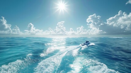 Sunny seascape featuring a solitary jet ski on calm turquoise waves