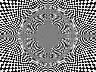 Kulista sferyczna wypukłość osadzona w zagłębieniu przestrzeni 3D w biało - czarnej kolorystyce o teksturze szachownicy. Abstrakcyjne tło