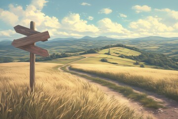 wooden signs with views and roads at countryside