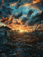 The sun sets over a ravaged landscape, illuminating the skeletal remains of buildings and uprooted trees.