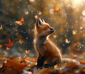Curious Red Fox Surrounded by Fluttering Butterflies in Golden Autumn Woods, AI Generation