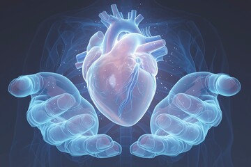 Medical doctor holding glowing virtual human heart in hands in cardio vascular system protection and health care concepts
