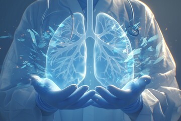 Medical doctor holding glowing virtual human lung in hands in Respiratory system protection and health care concepts