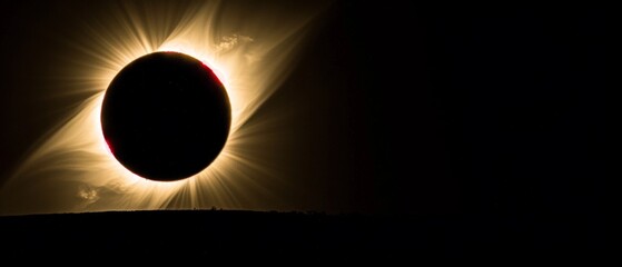 The countryside unfolds under the ethereal beauty of a solar eclipse, with the dark moon framed by the glowing sun's halo in a serene rural setting.