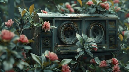 Classic tapes entwined with tender blooms present a fusion of technology and nature