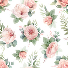 Watercolor vector floral seamless pattern. Pink roses flowers and eucalyptus leaves. Wrapping paper, textile, wedding design, scrapbooking, packaging, fabrics. Hand painted illustration. - 773285971
