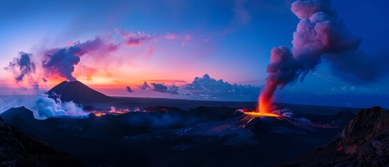 A towering volcano erupts in spectacular fashion, spewing molten lava and ash against a dramatic twilight sky, creating a scene of raw natural power and beauty.