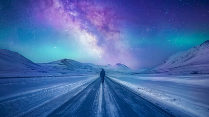 Woman walking on the road in winter landscape with starry sky and milky way, Man walking on the...