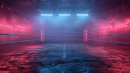 Epic empty boxing ring in the spotlight on the fight nightvibrant stage backdrops,generative ai - obrazy, fototapety, plakaty