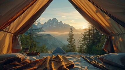 Majestic peaks framed by a glamping tent at sunrise - obrazy, fototapety, plakaty