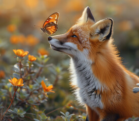 Curious Red Fox with Butterfly on Nose in Golden Hour Light, AI Generation