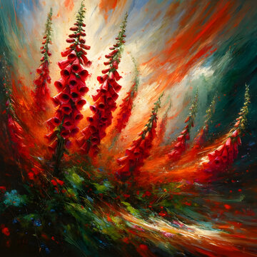 The wild dance of fiery red foxgloves swaying in the wind. The vibrant reds and dynamic background indeed create a sense of movement, like nature's dance captured in vivid color