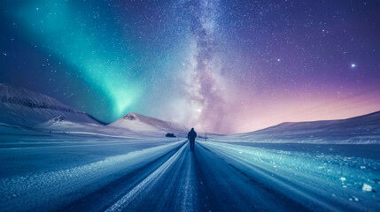 Woman walking on the road in winter landscape with starry sky and milky way, Man walking on the...