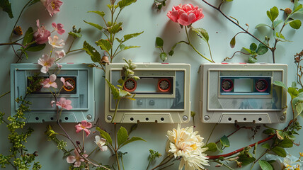 Floral accents emerge from retro music cassettes in a fresh spring tableau - obrazy, fototapety, plakaty