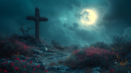   A cross atop a hill against a night backdrop, the full moon casting its light downward, wildflowers adorning the foreground - obrazy, fototapety, plakaty
