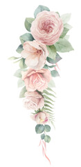 Dusty pink roses flowers and eucalyptus leaves. Watercolor vector floral wreath. Foliage arrangement for wedding invitations, greetings, fashion, decoration. Hand painted illustration.