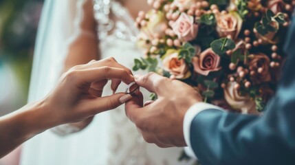 Fototapeta premium Close-up of a couple exchanging wedding rings, with a bouquet of flowers in the background
