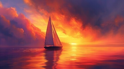   A sailboat painting in the ocean, sunset backdrop, clouds above - obrazy, fototapety, plakaty