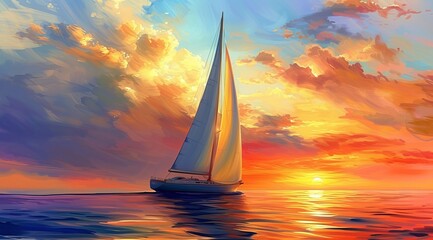   A sailboat painted against a body of water, with the sun sinking in the backdrop - obrazy, fototapety, plakaty