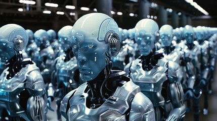 Group of cyborgs standing in a row in a factory - obrazy, fototapety, plakaty