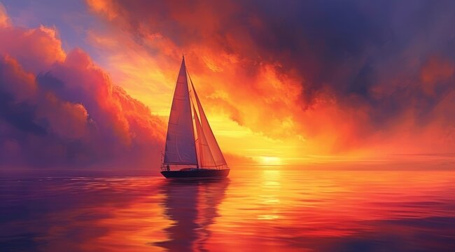   A sailboat painting in the ocean, sunset backdrop, clouds above