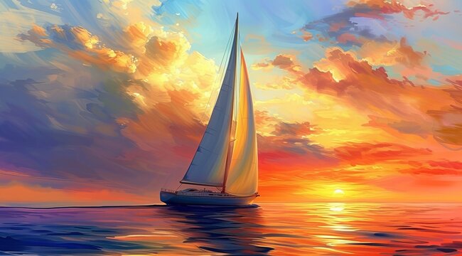   A sailboat painted against a body of water, with the sun sinking in the backdrop