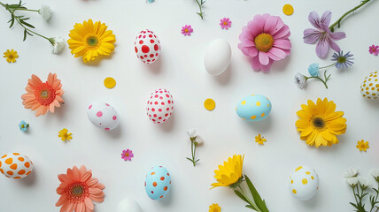 Fototapeta premium Easter poster featuring a pattern of colorful painted eggs and space for text on a white background. Photorealistic.. Beautiful simple AI generated image in 4K, unique.