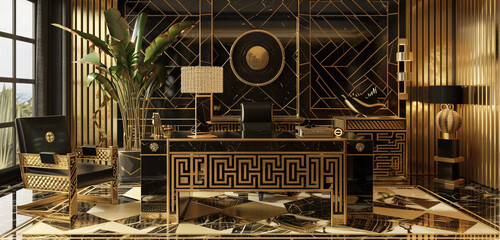 Art deco office with opulent gold, geometric patterns, and glossy black lacquer furniture.