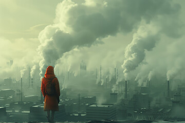 Femme en rouge de dos devant un paysage de ville et d'usines avec beaucoup de fumée et de pollution - cela devient difficile de respirer sur terre - obrazy, fototapety, plakaty