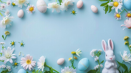 Fototapeta na wymiar Festive Easter background. Yellow and brown Easter eggs with flowers on a white wooden table. Card with a place for text. Top view. Beautiful simple AI generated image in 4K, unique.