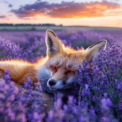 Sleepy fox in a vibrant field of lavender, under a sky streaked with twilight colors - obrazy, fototapety, plakaty
