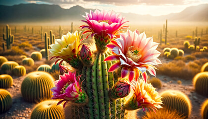 The desert landscape with cactus in full bloom against a sunset. - obrazy, fototapety, plakaty
