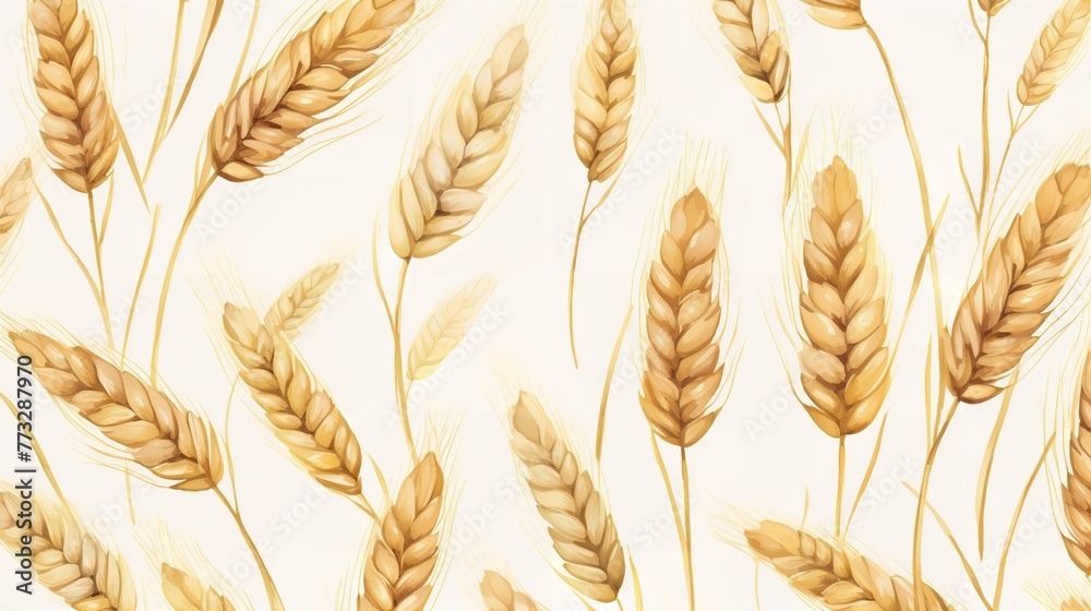 Wall mural Seamless Wheat Spikelet Pattern: Watercolor Herbage Background