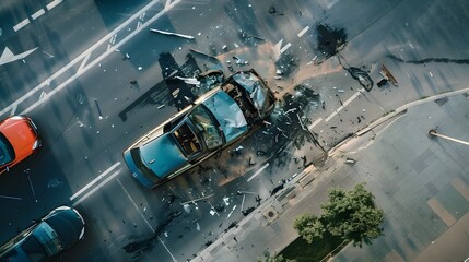 Aerial View of Chaotic Car Crash Scene on Urban City Street Highlighting Sudden Automobile Collision Aftermath