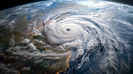 Satellite view of hurricane swirling in ocean near landmasses - obrazy, fototapety, plakaty
