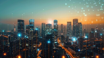 Obraz premium Skyline of a future metropolis, gold investments fueling ecofriendly tech and architecture