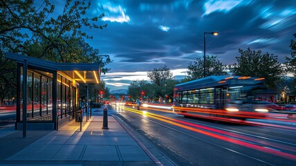 Bus stop on a bustling street at dusk with headlights streaking by
