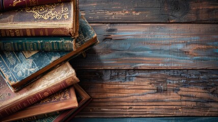 Stack of antique books on a rustic wooden surface. - obrazy, fototapety, plakaty