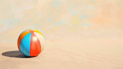 Colorful beach ball on sandy background.