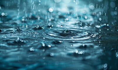   A tight shot of a water droplet atop a smooth surface against a backdrop of a blue sky, speckled with raindrops in the foreground - obrazy, fototapety, plakaty