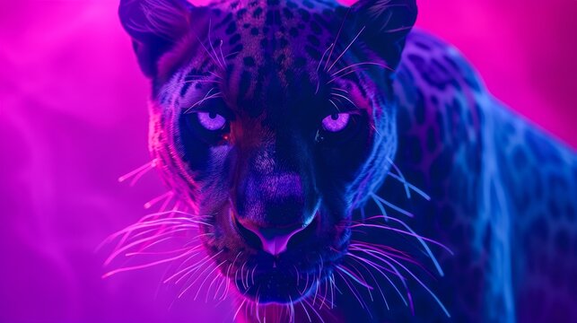 Neon Wilderness Grace: Immerse Yourself in the Mystic Panther's Blue Glow Eyes Amidst the Neon Jungle, a Stunning Portrait of Wildlife Art that Embodies the Elegance and Power of the Predato
